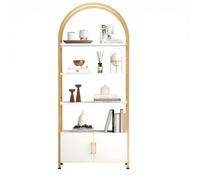 Crevyteg Étagère bibliothèque arquée 4 Niveaux - Portes Modernes - Grand capacité, Structure métal Robuste - Indépendante Salon ou Bureau - Cadre Blanc et Or