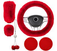 Crevyteg Lot de 6 Housses de Volant en Velours Chaud élastique avec Housse de Volant de Voiture avec Housse de Levier de Vitesse en Peluche Porte-clés et Coussinets de Tasse Rouge