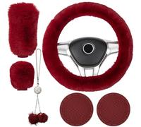 Crevyteg Lot de 6 Housses de Volant en Velours Chaud et élastique avec Housse de Volant de Voiture avec Housse de Levier de Vitesse en Peluche Porte-clés et Coussinets de Tasse Rouge vin