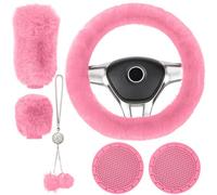 Crevyteg Lot de 6 Housses de Volant en Velours Chaud et élastique avec Housse de Volant de Voiture avec Housse de Levier de Vitesse et Porte-clés en Peluche et Coussinets de Tasse