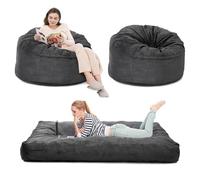 Crevyteg Pouf géant Convertible 2-en-1 - Fauteuil Lounge ou lit Queen - Housse Velours côtelé Lavable - Mousse mémoire - Parfait Salon, Chambre, Salle de Jeux - Gris foncé - Taille Queen, D120xH70cm,