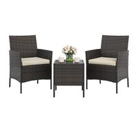 Crevyteg Salon Bistro 3 pièces en rotin PE - 2 fauteuils et Table Basse - Mobilier d’extérieur Compact - Coussins Doux - Idéal terrasse, Balcon, véranda - Marron Osier Quatre brins/Coussin crème