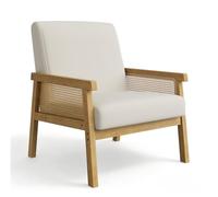Crevyteg Style bohème Moderne | Fauteuil d'appoint - Tissu Imitation Lin - Dossier Haut, accoudoirs rotin - Structure Bois Robuste - pour Salon ou Chambre - Couleur : Blanc Clair HE559-1, Cadre Bois