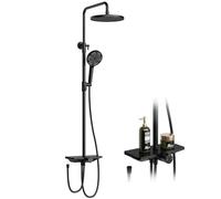 Crevyteg Système de douche pluie sans robinetterie - Colonne réglable inox avec étagère - Douchette 3 jets, tête de pluie ronde 25cm, sortie cascade - Ensemble noir - Variante : tuyau droit noir +