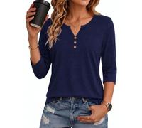 Crewhpo Tee Shirt Femme Manches 3/4 Col V Boutons Décoratifs Coupe Ample | Tissu Doux Respirant, Coupe Ample, Col V Soigné, Boutons Décoratifs, Bureau Sorties Quotidien Mi Saison