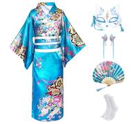 CRFASIBE 5 Pièces Kimono Japonais Enfants, Fille Robe Yukata Geisha Peignoir pour Spa, Enfants Déguisements Kimono Cosplay Ensemble de Costumes avec Accessoires(Bleu,150cm)