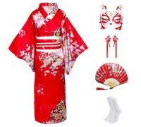 CRFASIBE 5 Pièces Kimono Japonais Enfants, Fille Robe Yukata Geisha Peignoir pour Spa, Enfants Déguisements Kimono Cosplay Ensemble de Costumes avec Accessoires(Rouge,130cm)