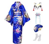 CRFASIBE 5 Pièces Kimono Japonais Enfants, Fille Robe Yukata Geisha Peignoir pour Spa, Enfants Déguisements Kimono Cosplay Ensemble de Costumes avec Accessoires(Bleu Marine,150cm)