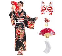CRFASIBE 5 Pièces Kimono Japonais Femme, Motif Floral Kimono Robe, Japonais Peignoir Yukata Geisha, Déguisement Cosplay Costume Set avec Accessoires (Noir)