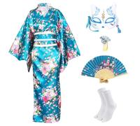 CRFASIBE 5 Pièces Kimono Robe Longue pour Femme, Kimono Japonais Peignoir Imprimé Sakura, Japonaise Cosplay Décoration Yukata Set de Costume avec Accessoires(Bleu)