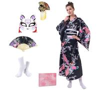 CRFASIBE 5 Pièces Robe Kimono Femme, Traditional Japonaise Geisha Yukata avec Masque, Éventail et Sac à Main, Ensemble Costume pour Carnevale Cosplay Photographie (Noir)