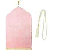 CRFASIBE Tapis de Prière Musulman avec Perles, Tapis de Prière en Flanelle Douce, Islamique Sajadah en Relief à Pampilles, Ensemble Cadeau Ramadan Eid Mubarak, Couverture Turque (Rose)