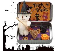 CRGANGZY Ours de sorcière Fait Main dans boîte, Peluche Halloween avec Balai, Citrouille et Chat, Mini Cadeau émotionnel pour Amis, déco fête