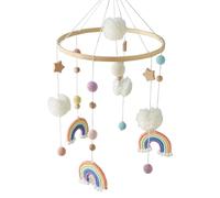 Crib mobile 9x19in arc-en-ciel, étoile, pompom & crochet ball mobile pour bercet avec anneau de support de bambou pour attirer l'attention bébé, favoriser le développement des yeux/pied/main