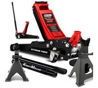 Cric hydraulique KraftMüller PRO 2,25 tonnes, Chandelles 3T, levage 50cm, Levée rapide à double-pompe, Garage AUTO Méca - ROUGE
