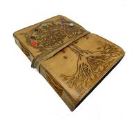 CRIGEMA - Agenda en cuir - Cahier à notes fait main - Feuilles blanches - 17,5 x 12,5 cm - 240 pages (arbre de la vie pierres de chakra)