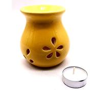 CRIGEMA - Brûle Essences en céramique jaune - Brûleur pour Hui Essentielles - Aromathérapie, décoration casaline, méditation - Bougie Tealight en cadeau