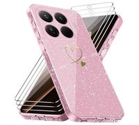 crisant Coque Compatible avec Xiaomi 15T Pro 5G, 3 Pièces Protection Écran en Verre Trempé, Housse Souple et Anti-Rayures, Étui Anti Empreintes et Paillettes - Rose