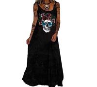 CRITOR Robe Longue Longue en Forme de tête de Mort pour Femme Robe Longue sans Manches Gothique Halloween Skull pour Femme
