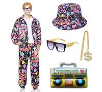 Crittygo Déguisement Année 80 Homme Femme, Tenue Année 80 Survêtement et Chapeau Lunettes Collier Radio Gonflable, Costume Années 80 Homme pour Carnaval Halloween Fête Bad Taste