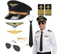 Crittygo Lot de 7 accessoires de costume de capitaine de pilote,ensemble de capitaine de pilote avec chapeau brassard badge lunettes, homme costume piloten pour Halloween fête