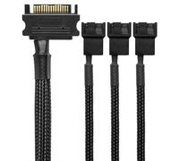 CRJ Câble adaptateur d'alimentation SATA 15 broches vers 3 PC - 30 cm - Gaine noire - Alimentez jusqu'à trois ventilateurs de refroidissement d'ordinateur à 3 broches et 4 broches à partir d'un