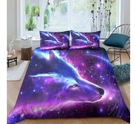 CRJUS Loup de la Galaxie Sets De Housses De Couettes 3D,Animaux Imprimé Microfibre Parure De Lit 3 Pièces avec Fermeture Éclair Housse De Couette Et Taies d'oreiller King（220x240cm）