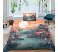 CRJUS Peinture de Paysage Ensemble De Literie Imprimé 3D Housse De Couette Enfants Lits en Housses Style Chinois De Couette Microfibre Ensemble Couette Sets avec Taie d'oreiller Single（135x200cm）