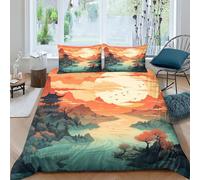 CRJUS Peinture de Paysage Housse De Couette 3D Impression Parure De Lit Enfant Housse Style Chinois De Couette Et Taie d'oreiller Literie Enfant Garçon Fille Housses De Couettes Double（200x200cm）