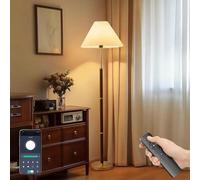 CRLL Lampadaire pour Salon avec Télécommande, App et Interrupteur au Pied, 3 Températures de Couleur, Abat-jour Plissé, Pied Imitation Bois Rouge, 12W
