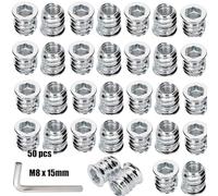 CRLYLC Lot de 50 écrous à visser M8 x 15 mm - Insert fileté en bois - Manchons filetés - Douilles à visser en alliage de zinc - Écrous à enfoncer à six pans creux - Pour meubles en bois