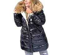 CRMY Doudoune Brillante pour Femme,Manteau-vêtement d'extérieur Ultra-léger avec col en Fourrure,Couleur Unie,Chemisier d'hiver Chaud (Color : Black, Size : S)