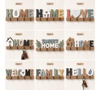 Crochet à clés plat 2D vintage en bois "HOME" "LOVE" "HELLO" "WELCOME", porte-clés multifonctionnel pour la maison avec 4 crochets en métal, décoration murale, porche, chambre Taille UniqueBois compos