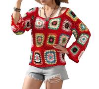 Crochet africain Fleur Granny Pull Carré Pull Coloré Bloc Tricot Cover Up Hollow Out Manches Longues Plage Tenues, Rouge, Taille Unique