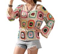Crochet africain Fleur Granny Pull Carré Pull Coloré Bloc Tricot Cover Up Hollow Out Manches Longues Plage Tenues, beige, Taille Unique