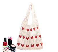 Crochet Boho Tote Bag - Sac à en tricot tissé à la, motif de conception en forme de cœur, accessoire d’été léger, sac esthétique fait à la avec style | Idéal pour les femmes, les fi, Argent, Se
