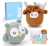 CROCHET BOX Kit Complet de Crochet pour Débutants - 2 PCS Kit de Crochet Vache des Highlands et Hibou Brun, Style Fleur, Comprend un Tutoriel Vidéo, Instructions, Fil Souple, Cadeau d'Anniversaire