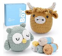 CROCHET BOX Kit Complet de Crochet pour Débutants - 2 Pièces Kit de Crochet Vache des Highlands et Hibou, Style Fleur, Inclut Tutoriel Vidéo, Instructions, Fil Doux, Cadeau d'Anniversaire