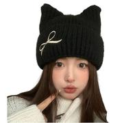 Crochet Cat Ear Beanie for Women, Fuzzy Winter Hat, Stretch Knit Slouchy Beanie, Christmas Birthday Gift (Black,Taille Unique)