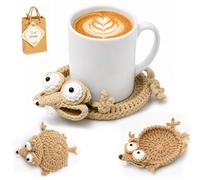 Crochet Lizard Coaster, Cute Handmade 3D Lizard Mug Rug, Funny Amigurumi Animal Cup Mat, Novelty Lizard Shaped Drink Coaster for Coffee Mug, Decorative Coasters for Home Desk Decor (Khaki)