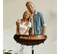 Crochet mural en bois personnalisé pour photo de couple, style réaliste 2D pour rangement de clés pour chambre à coucher, salon, couloir, couple, décoration d'intérieur, cadeau pour mari, épouse