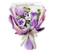 Crochet Tulips Flower Bouquet, Fleurs tricotées violettes faites à la main avec enveloppe exquise, fleurs au crochet artificielles pour femmes, Saint Valentin, anniversaire d'anniversaire, 16x14 po