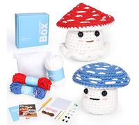 CrochetBox Kit de crochet pour débutants : kit de crochet en forme de champignon pour adultes, rouge et bleu, comprend des tutoriels vidéo étape par étape, un cadeau d'anniversaire surprise
