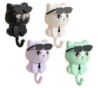Crochets pour Chat, 4 Pièces Crochets Muraux Mignons Porte-clés Autocollant Chat en Plastique ABS Robuste Portant des Lunettes de Soleil Porte-clés Mignon pour Manteau, Sac, Chapeau, Serviette Décora