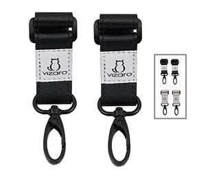 Crochets pour Poussette de Luxe marque Vizaro - 2 pièces - Pour accrocher des sacs, des sacs à dos, etc. - Bracelet en Éco-cuir Noir - Haute résistance jusqu'à 15 kg - 360º - Bague fermée élégante