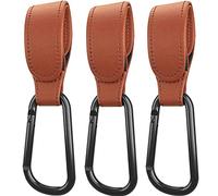 Crochets Poussettes style cuir, Crochets pour Poussette Universel - Clips Mousquetons pour Accrochez vos Achats, Sacs et Cabas sur un Landau, Cadeau pour Le Nouveau-né, Universel, Marrons, Pack de 3