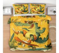 Crocodile de Dessin Animé Housse de Couette 140x200 cm, Crocodile Skateboard Parure de Lit 1 Personne avec Fermeture Éclair, Orange Vert Couette en Microfibre avec 1 Taie d'oreiller 65x65 cm D10l