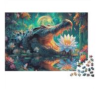 Crocodile Nénuphar Puzzle 1000 Pièces Puzzle pour Adultes Scène Nocturne Puzzle en Famille Détente Déco Maison 38x26cm/1000pcs
