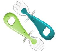 CROCOKID® Cuillère Bébé 1er Âge - Lot de 2 Cuillères d'Apprentissage Sensoriel, Silicone Ergonomique & Sans BPA | Cuillère Bébé Souple pour Apprentissage Autonome - Bleu & Vert