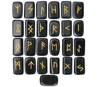 Crocon Runes de Pierres précieuses en Forme de d'agate Noire de avec l'alphabet de Futhark aîné gravé Ensemble de Runes de 25 pièces en Cristal Ensemble de Runes de guérison Chakra Reiki avec Une
